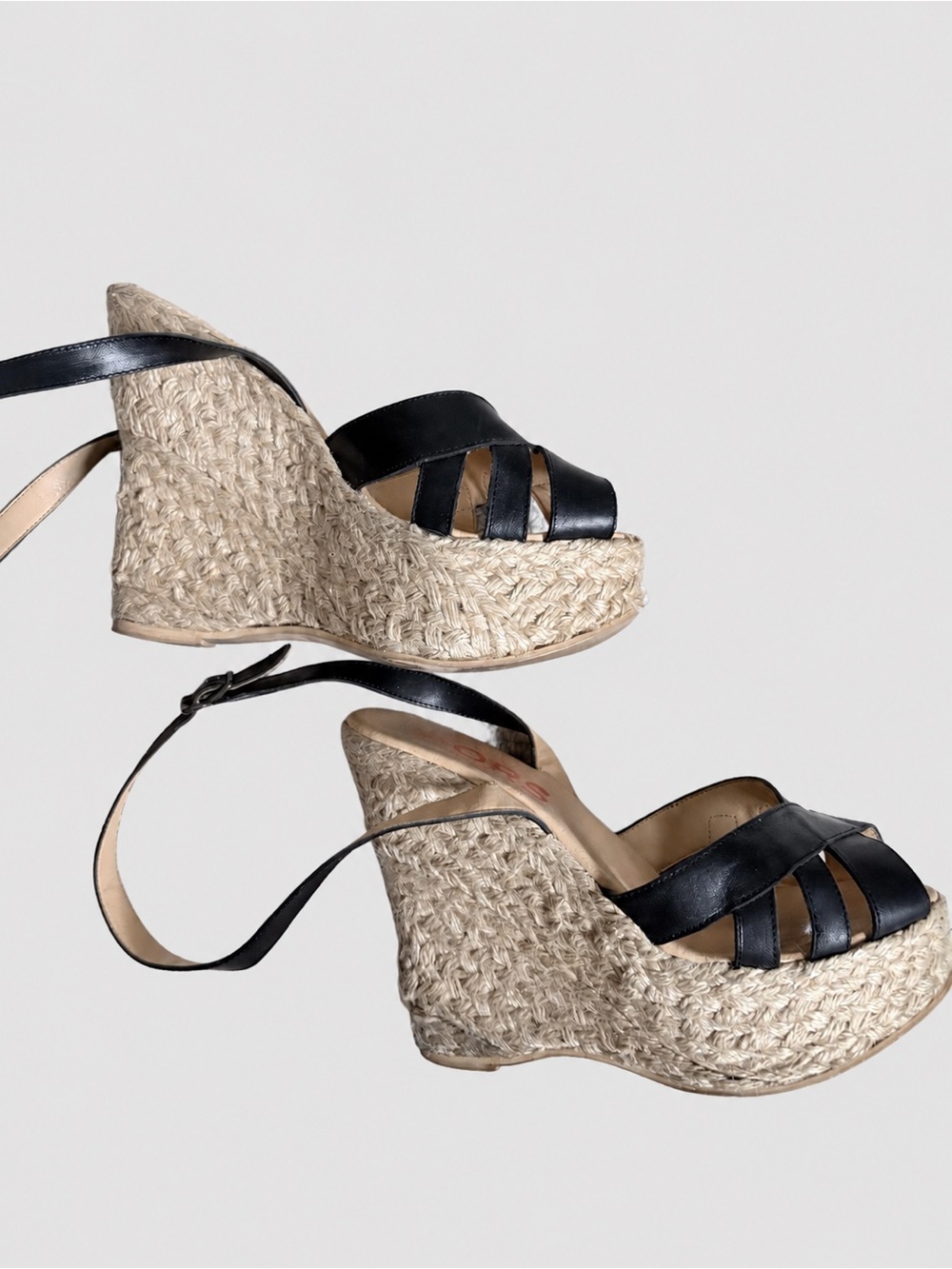 KORS Michael Kors Black Leather Ankle Strap Espadrille Wedges 7B